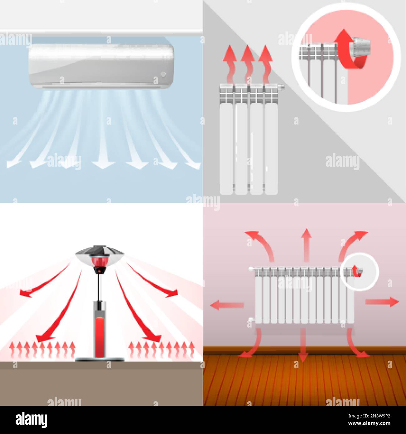 Vari riscaldatori per casa ed esterni con frecce che mostrano flussi d'aria piatto 2x2 set isolato vettore illustrazione Illustrazione Vettoriale