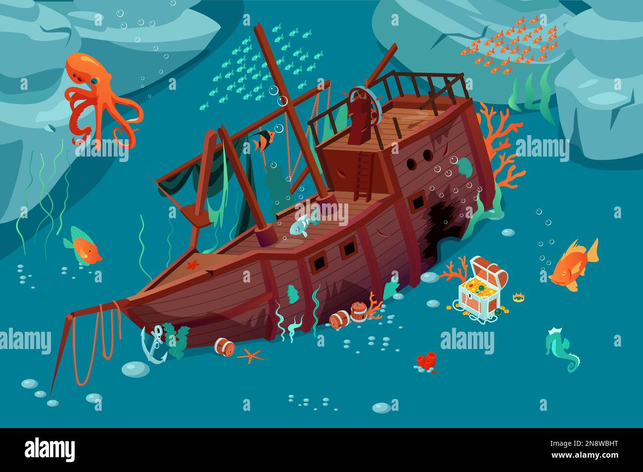 Composizione isometrica del mondo sottomarino con vista di vintage nave affondata con pesci scrigno e illustrazione vettoriale del polpo Illustrazione Vettoriale