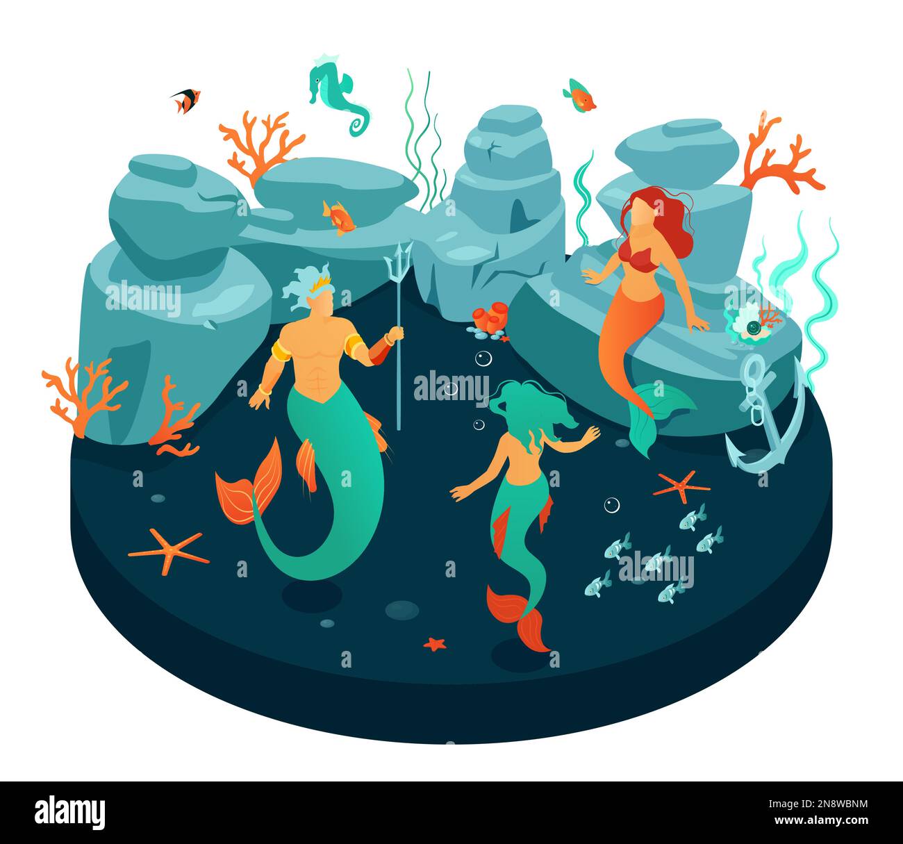 Composizione isometrica del mondo sottomarino con vista isolata di creature sirene che hanno partito con pesci stelle marine illustrazione vettoriale Illustrazione Vettoriale
