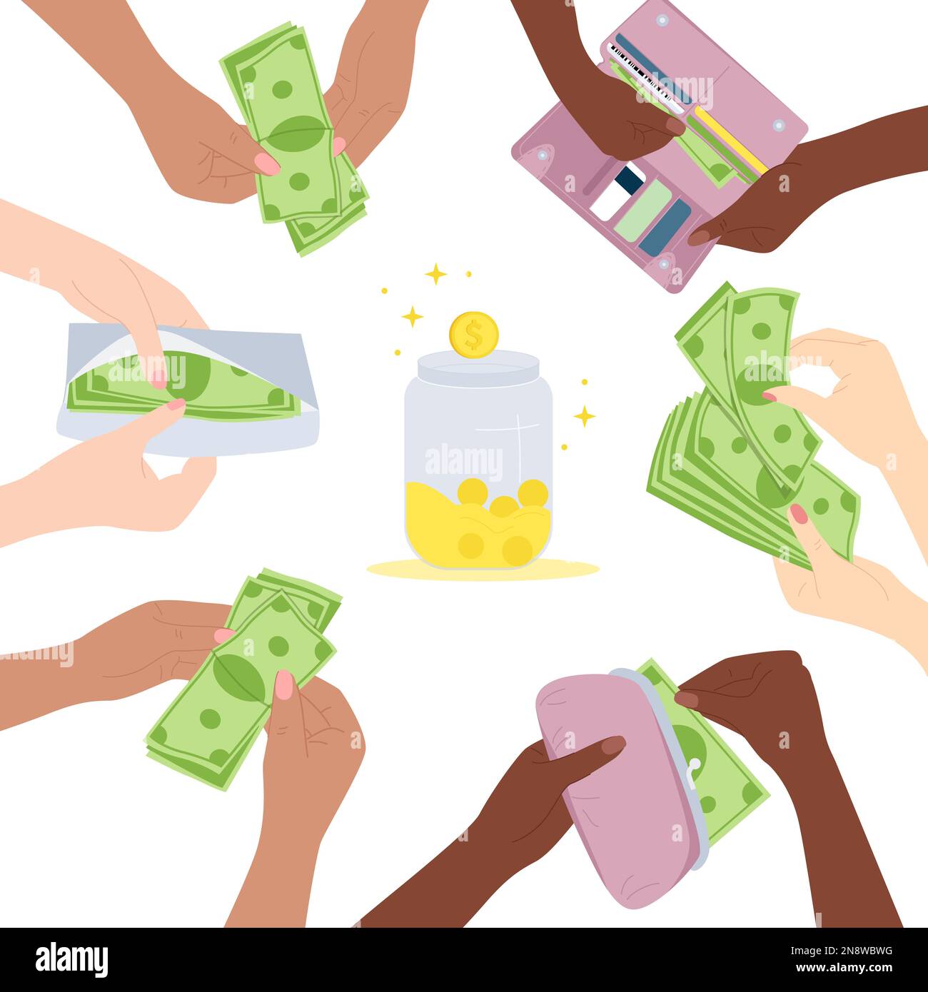 Mani con soldi composizione piatta di mani umane con contanti vetro circostante può pieno di monete vettore illustrazione Illustrazione Vettoriale