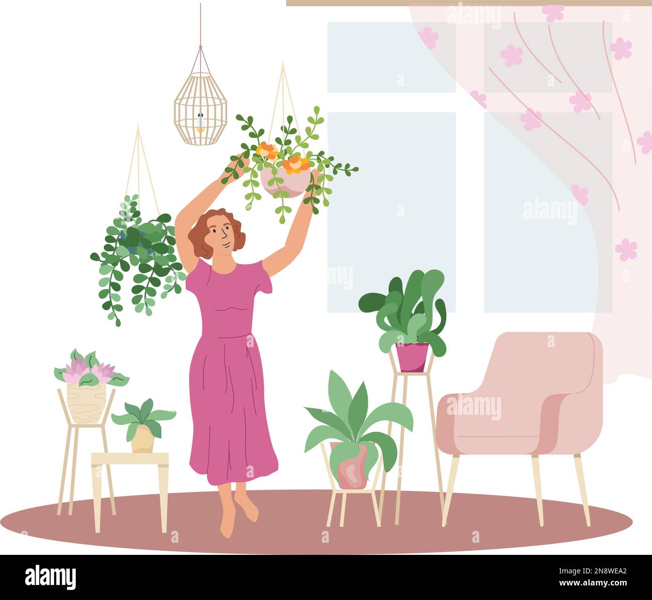 Home giardinaggio composizione piatta con sfondo bianco e vista del soggiorno con donna appeso piante vettore illustrazione Illustrazione Vettoriale