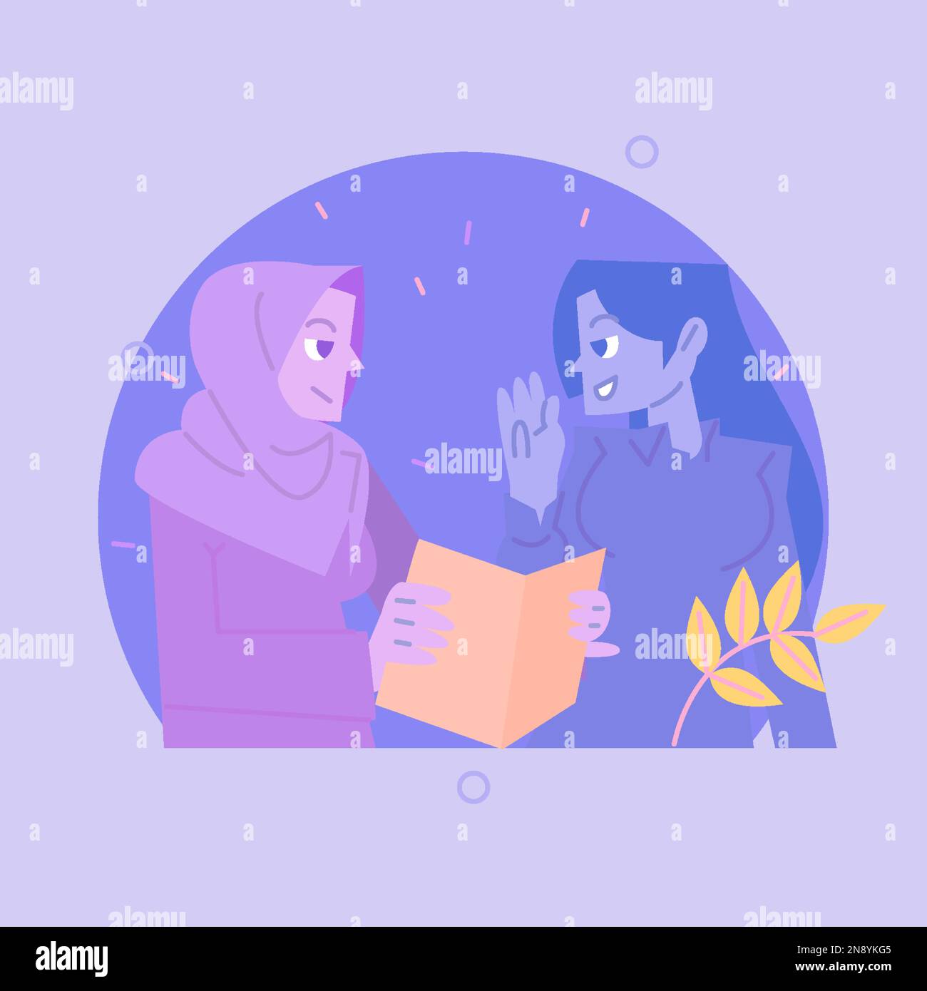 Un disegno vettoriale piatto di due donne che parlano e si Empowering l'un l'altro nella Giornata della donna Illustrazione Vettoriale