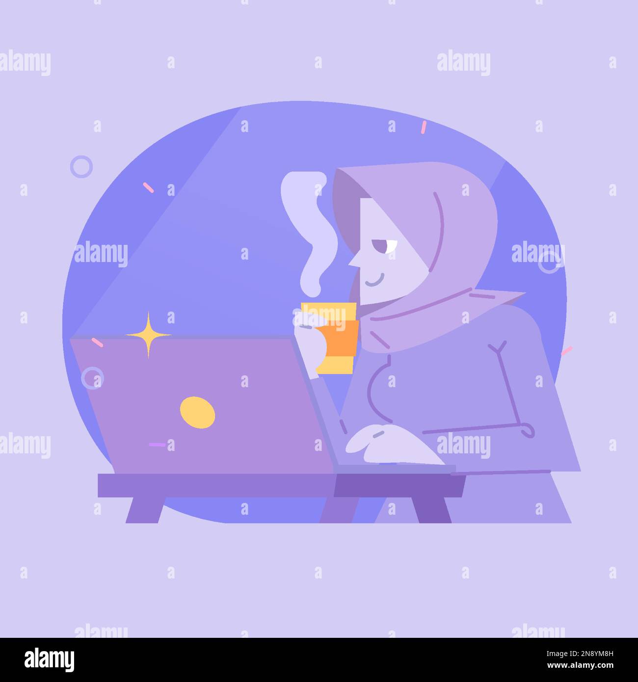 Un'illustrazione vettoriale piatta di una donna in Hijab che sipping il caffè e che realizza gli obiettivi sulla festa della donna Illustrazione Vettoriale