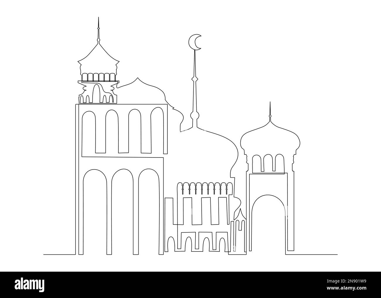 Una linea continua di poster del Ramadan con architettura araba. Concetto di vettore di illustrazione a linea sottile. Disegno di contorno idee creative. Illustrazione Vettoriale