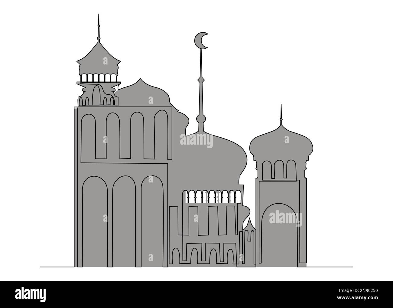 Una linea continua di poster del Ramadan con architettura araba. Concetto di vettore di illustrazione a linea sottile. Disegno di contorno idee creative. Illustrazione Vettoriale