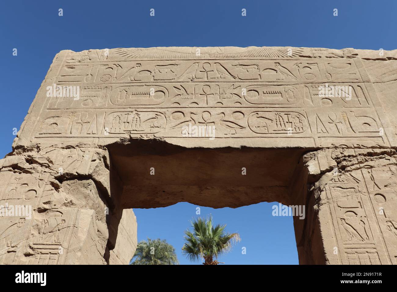 Belle sculture antiche egiziane al tempio di Karnak a Luxor, Egitto Foto Stock