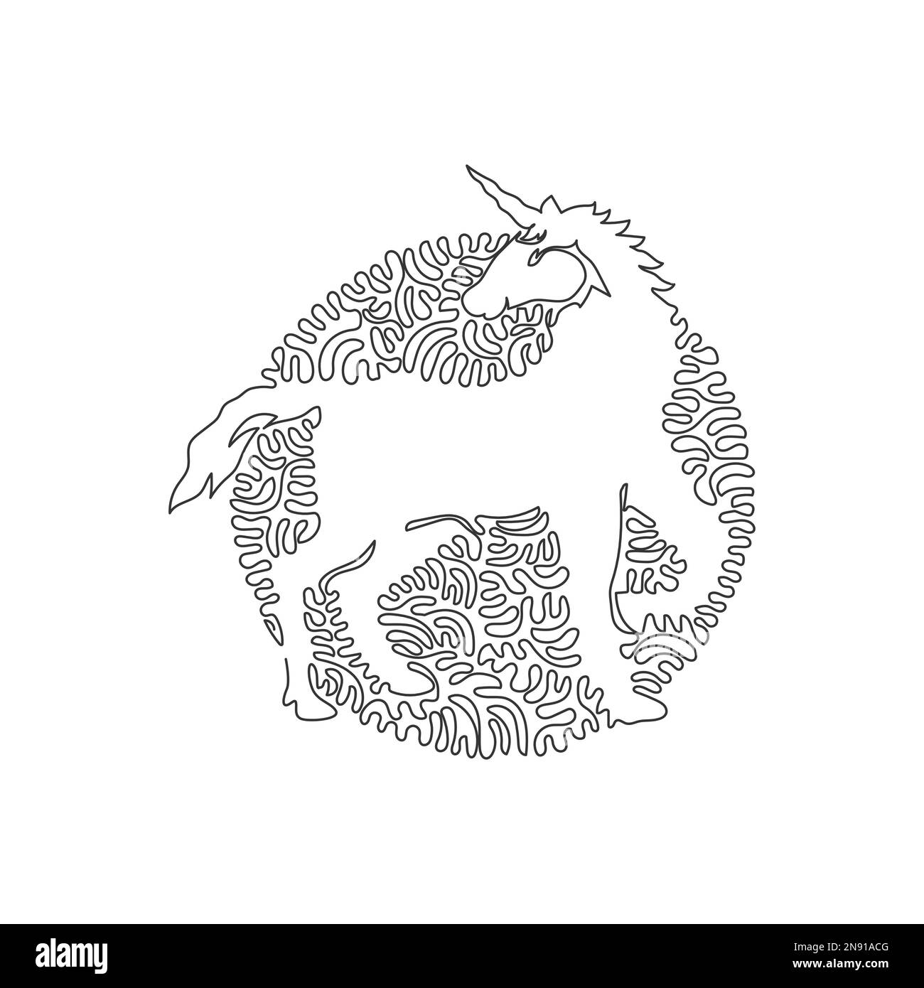 Disegno continuo di una linea curva di carino unicorno astratto arte Immagine vettoriale del tratto modificabile a linea singola dell'unicorno a tromba singola sulla fronte Illustrazione Vettoriale