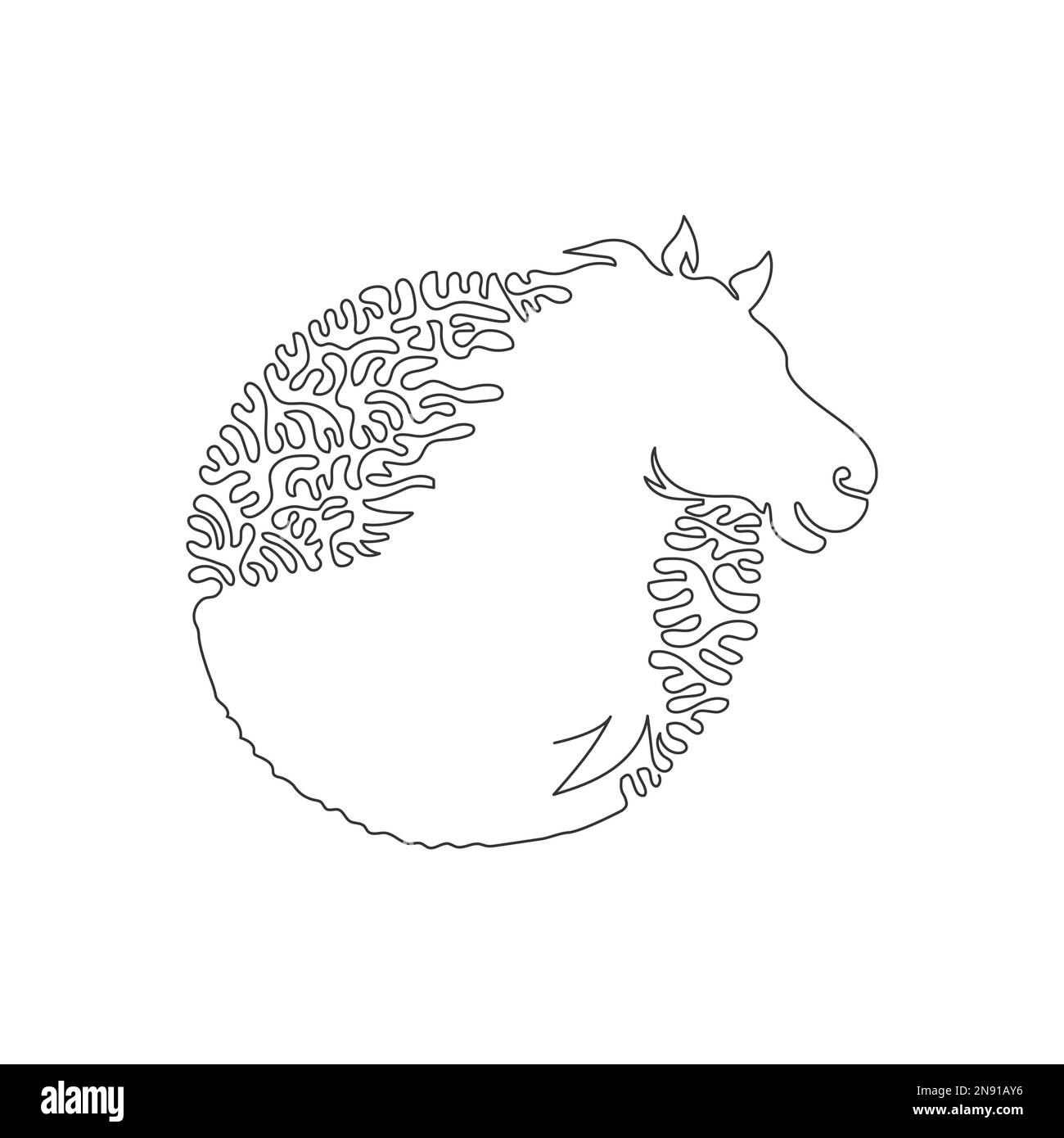 Continua una linea curva disegno di adorabile cavallo astratto arte in cerchio. Immagine vettoriale del tratto modificabile a linea singola di un cavallo esotico amichevole Illustrazione Vettoriale