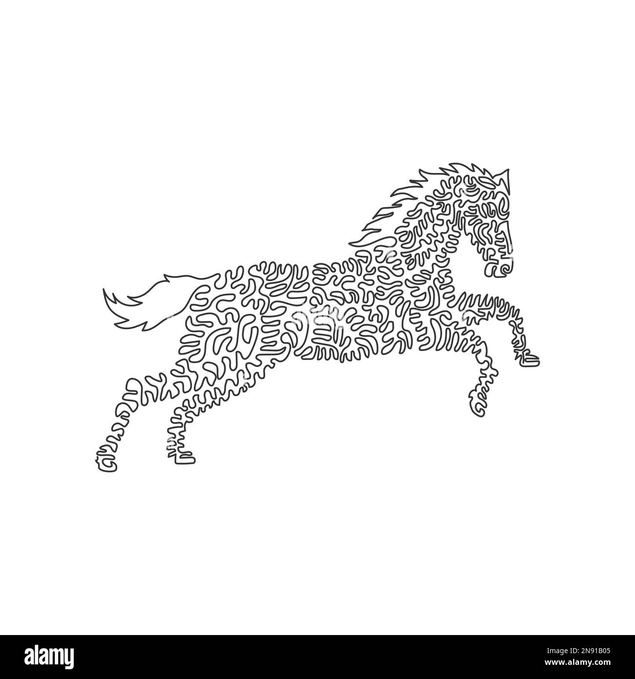 Singolo vortice linea continua disegno di un cavallo carino. Disegno a linea continua disegno grafico vettoriale stile di illustrazione di cavallo erbivoro zoccolato Illustrazione Vettoriale