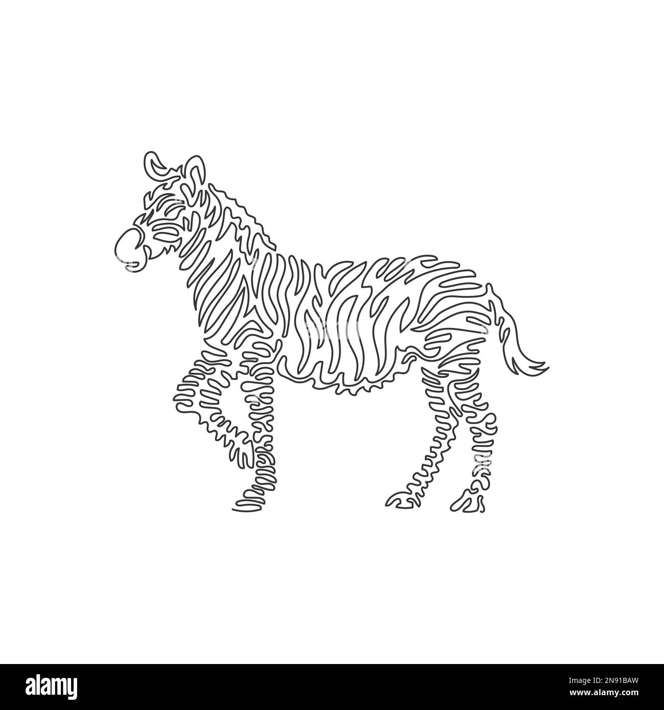 Curva continua una linea disegno di carino zebra curva astratto arte Illustrazione del vettore del tratto modificabile a linea singola della zebra a righe bianche nere Illustrazione Vettoriale