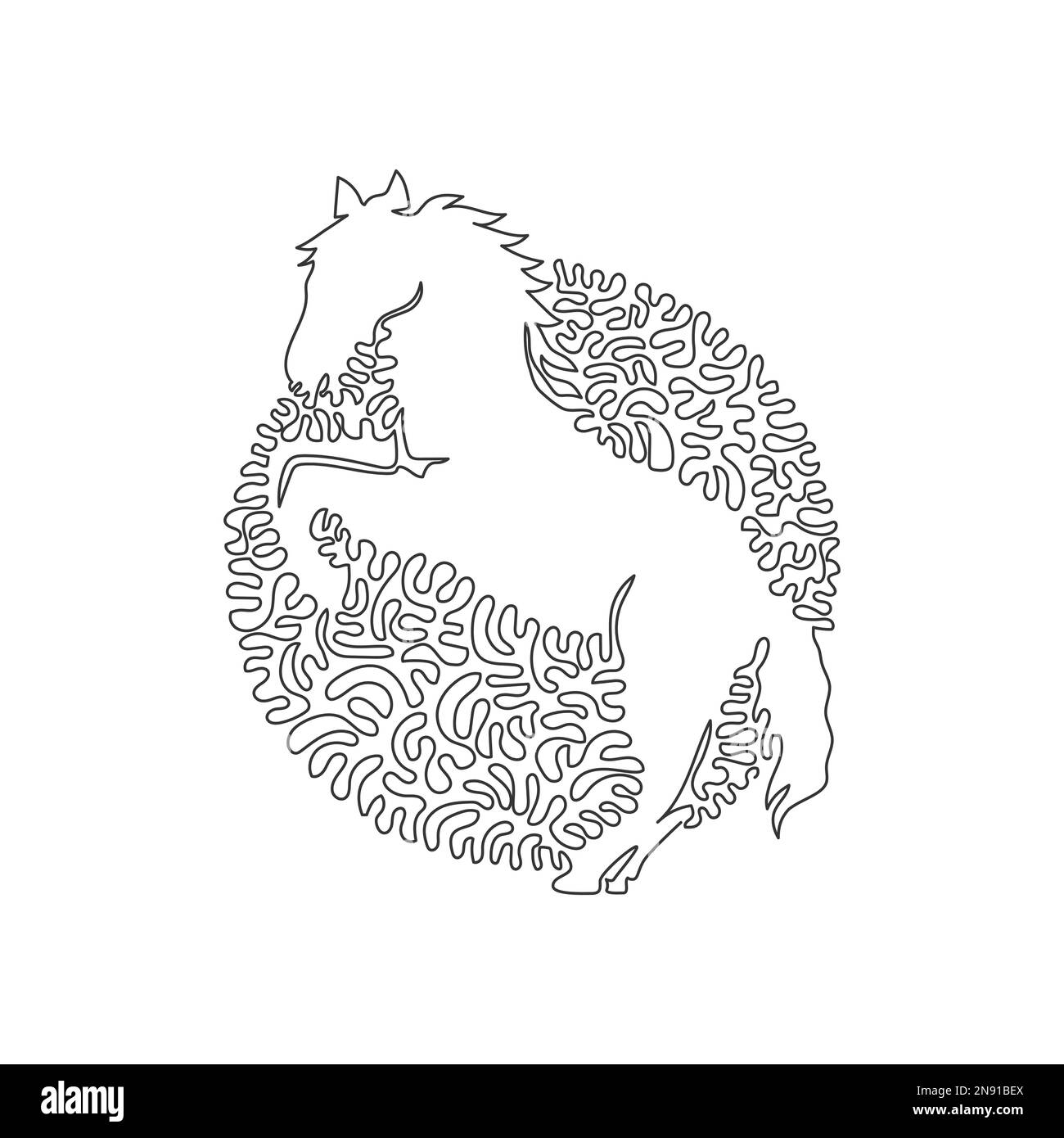 Curva continua disegno a linea di un cavallo in piedi astratto arte in cerchio. Immagine vettoriale di corsa modificabile a linea singola di cavallo carino per Illustrazione Vettoriale