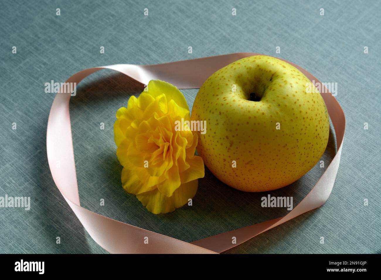 Foto ravvicinata di un Nashi Pear, noto anche come Asian Pear. Pyrus pirifolia è una specie di pero originaria dell'Asia orientale. Foto Stock