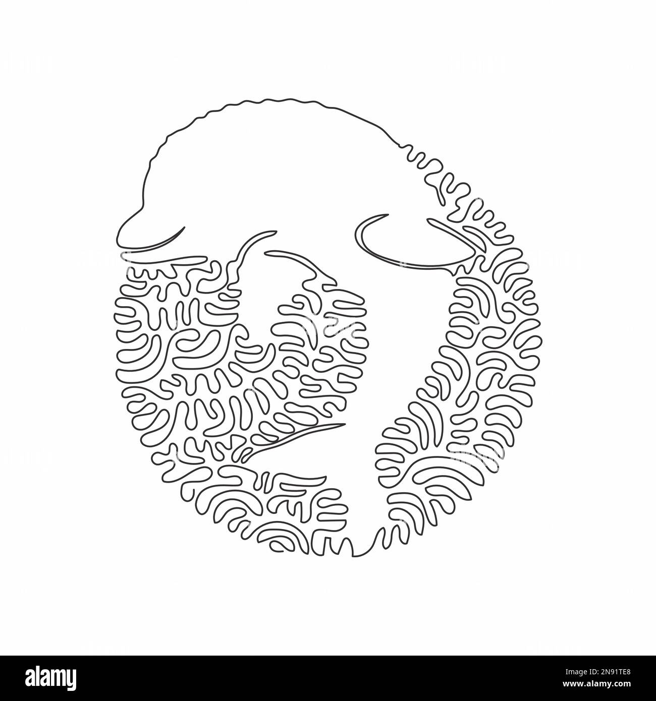 Singolo un disegno di linea ricurvi dell'arte astratta del delfino di bottiglia Disegno grafico a linea continua illustrazione vettoriale del delfino intelligente Illustrazione Vettoriale