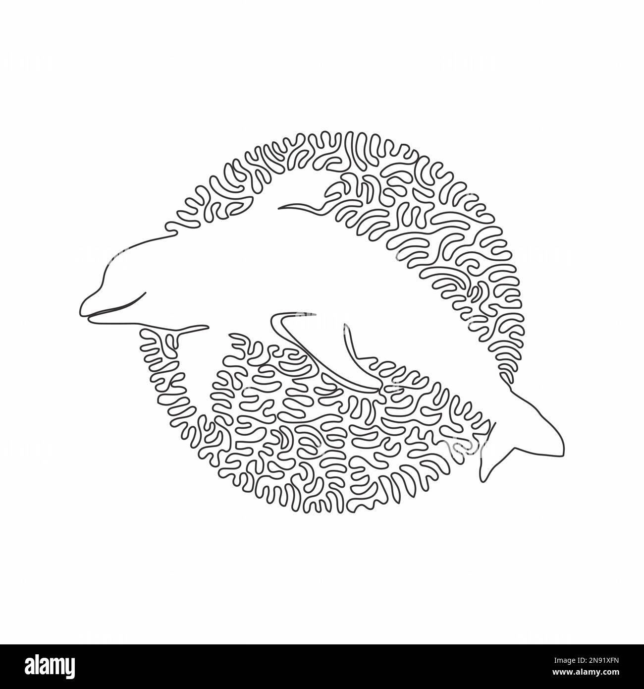 Curva continua un disegno a linea di adorabile arte astratta di delfini in cerchio. Immagine vettoriale del tratto modificabile a riga singola di carino delfino per logo Illustrazione Vettoriale