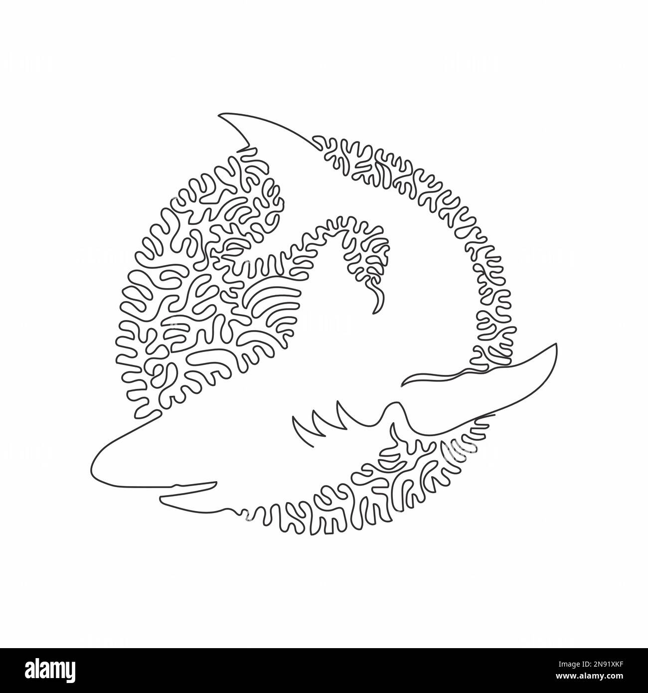Singolo riccio una linea di disegno di squalo aggressivo astratto arte Disegno grafico a linea continua illustrazione vettoriale di squalo a denti dentati affilati Illustrazione Vettoriale