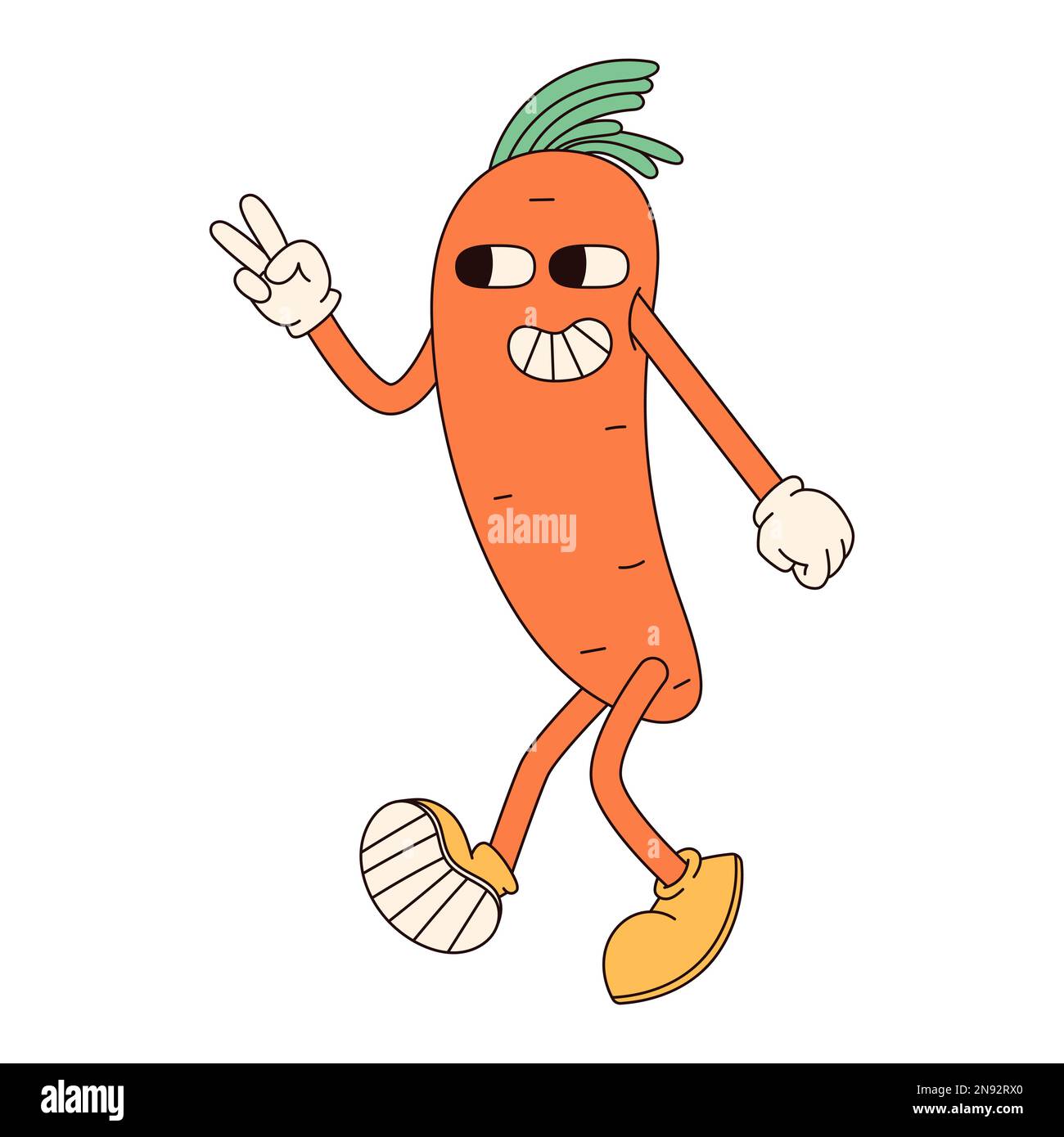 Hippie groovy buon carattere di Pasqua. Carota di Pasqua in stile cartoon retrò 60s 70s alla moda. Illustrazione Vettoriale