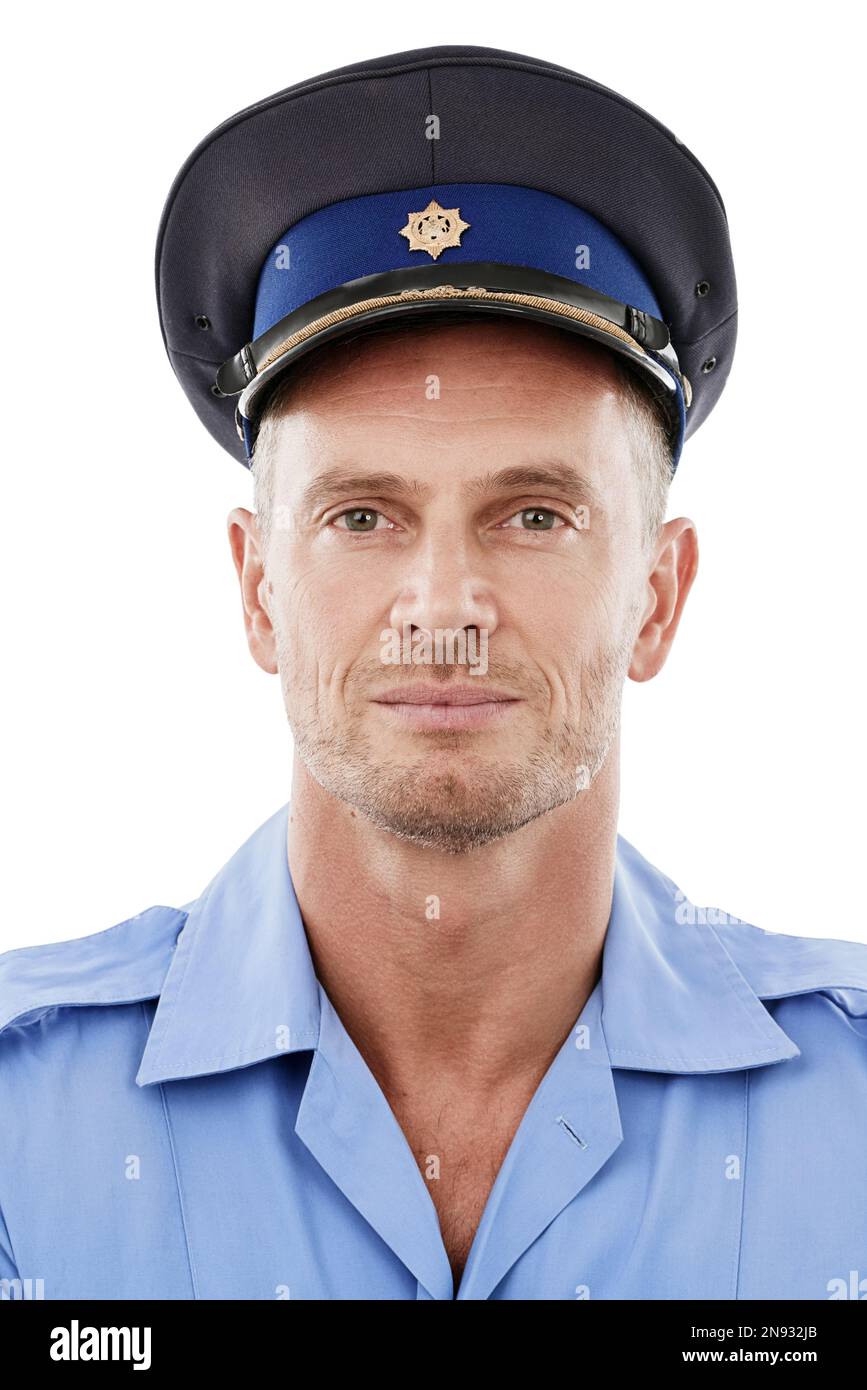 Studio man, ritratto facciale e ufficiale di polizia per l'applicazione della legge, la sicurezza o il servizio di sicurezza dell'esercito. Foto del profilo di sceriffo, Ucraina militare Foto Stock