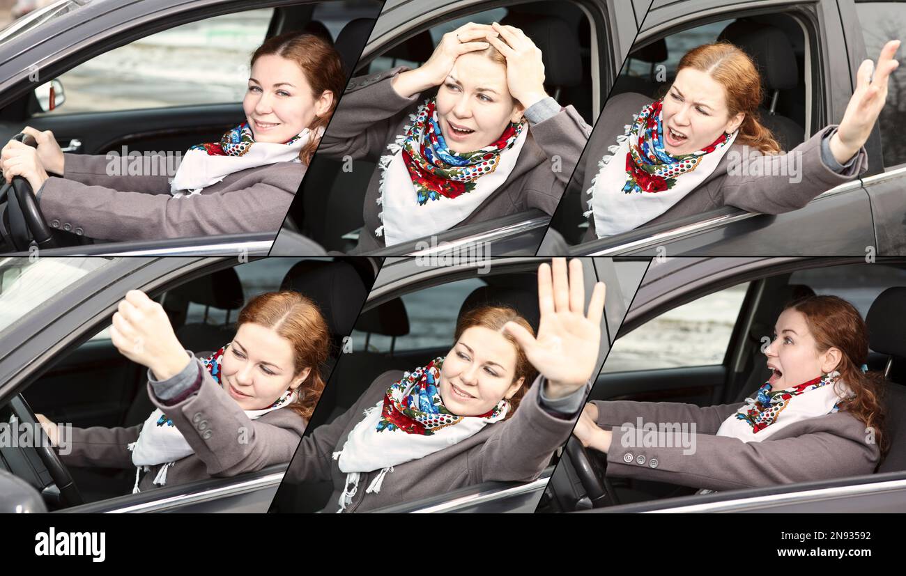 Donna alla guida di un'auto, emozioni e comportamento, collage Foto Stock