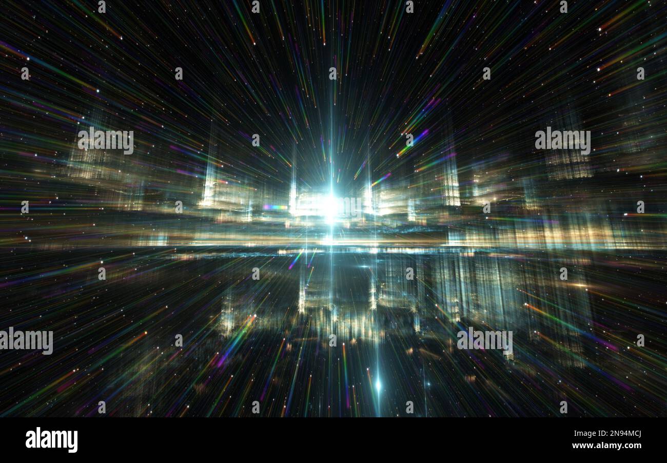 Quantum World, velocità della luce. Meccanica quantistica, spostamento spettrale. illustrazione 3d Foto Stock