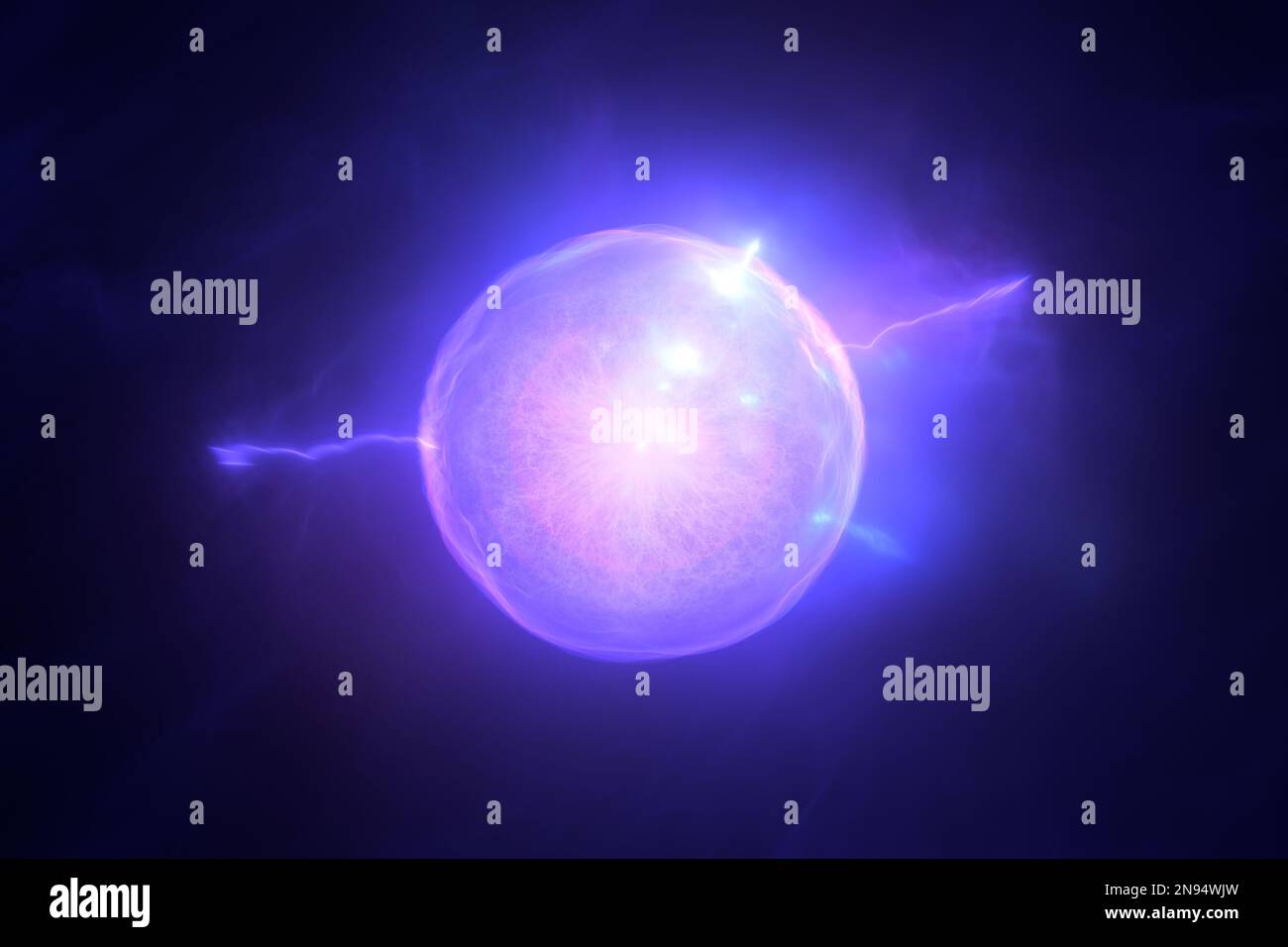 Decadimento radioattivo. Il nucleo atomico instabile perde energia per radiazione, illustrazione 3D Foto Stock