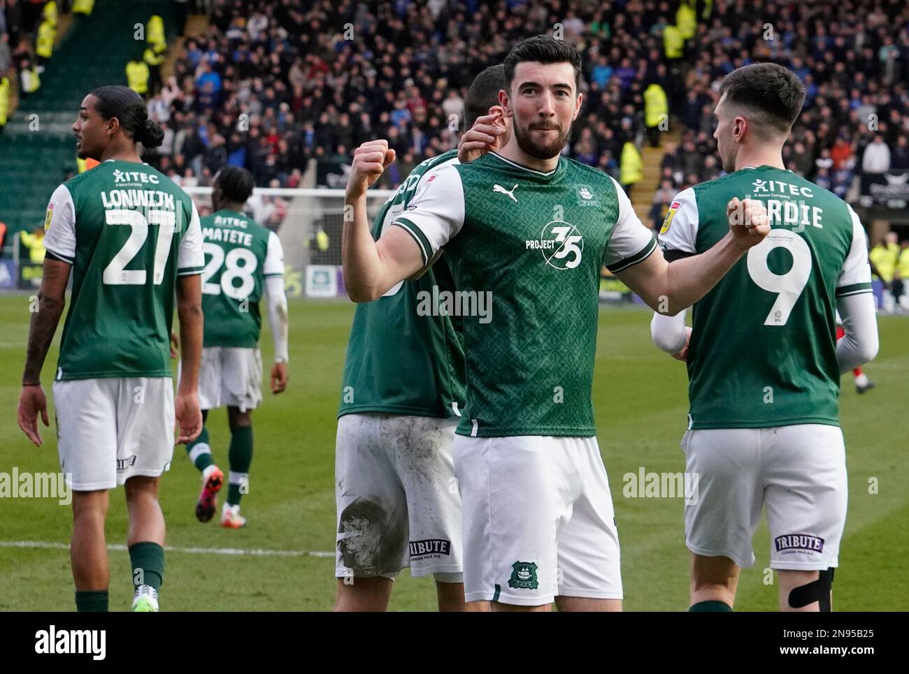 PLYMOUTH, INGHILTERRA - 11 FEBBRAIO: Durante la Sky Bet League One tra Plymouth Argyle e Portsmouth, all'Home Park il 11 febbraio 2023 a Plymouth, Regno Unito. (Foto di MB Media) Foto Stock