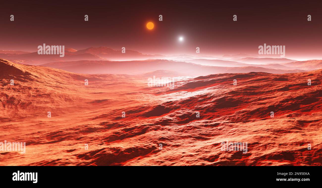 Pianeta caldo e roccioso orbitante due stelle - gigante rosso e nano bianco. rendering 3d Foto Stock