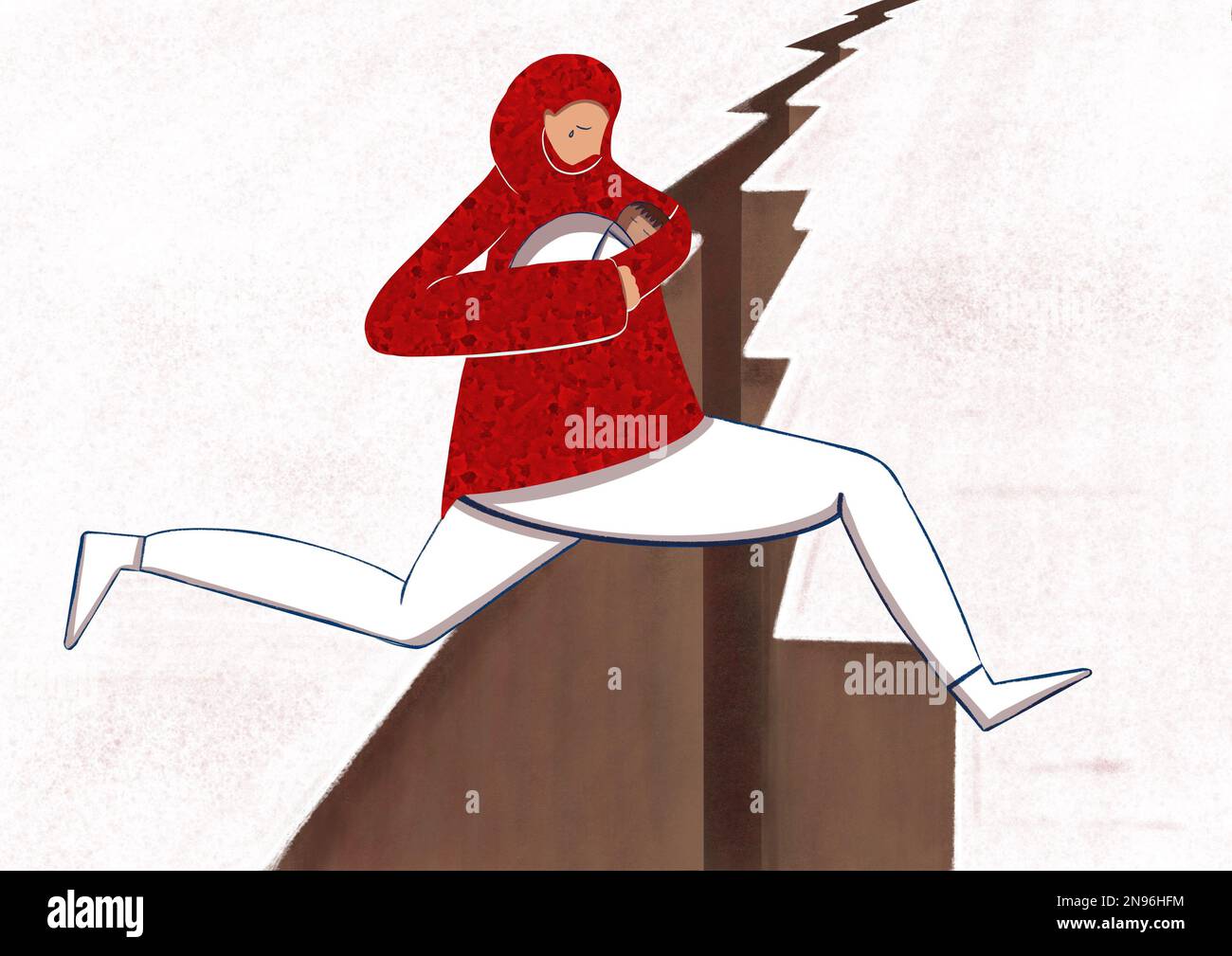 Donna che porta un bambino tra le braccia mentre corre sopra una crepa nel terreno Foto Stock