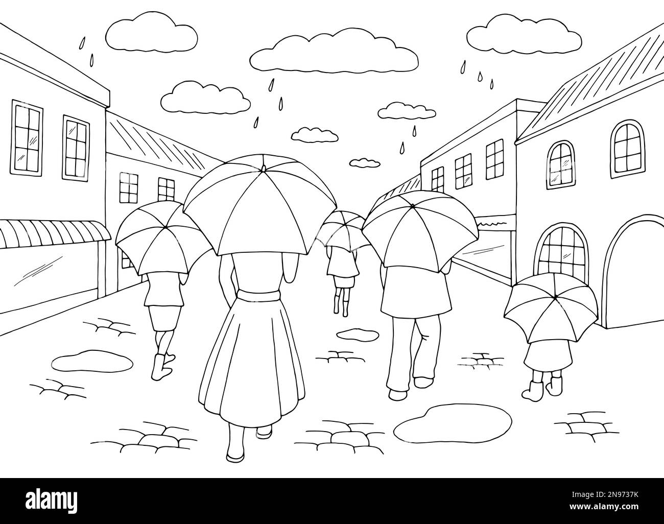 Pioggia in città strada grafica nero bianco paesaggio disegno illustrazione vettore Illustrazione Vettoriale