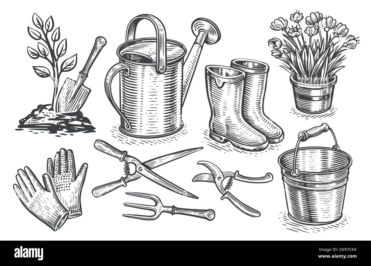 Concetto di giardinaggio. Gli elementi disegnati a mano da giardino sono impostati nello stile di schizzo. Illustrazione vettoriale vintage Illustrazione Vettoriale