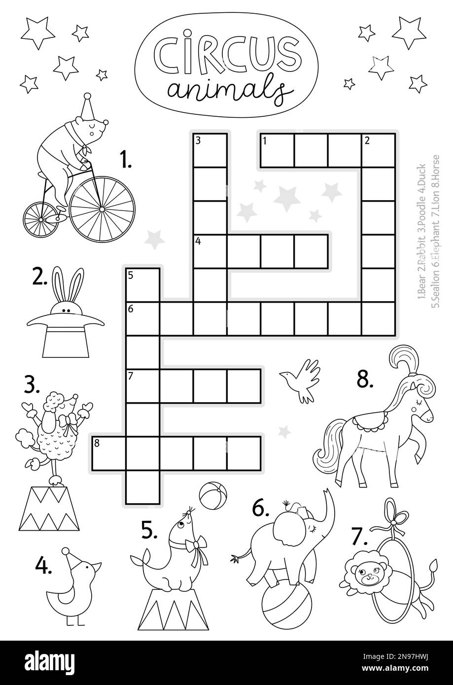 Puzzle di cruciverba del circo vettoriale per i bambini. Semplice quiz in bianco e nero con simpatici animalier. Attività didattica con leone, Illustrazione Vettoriale
