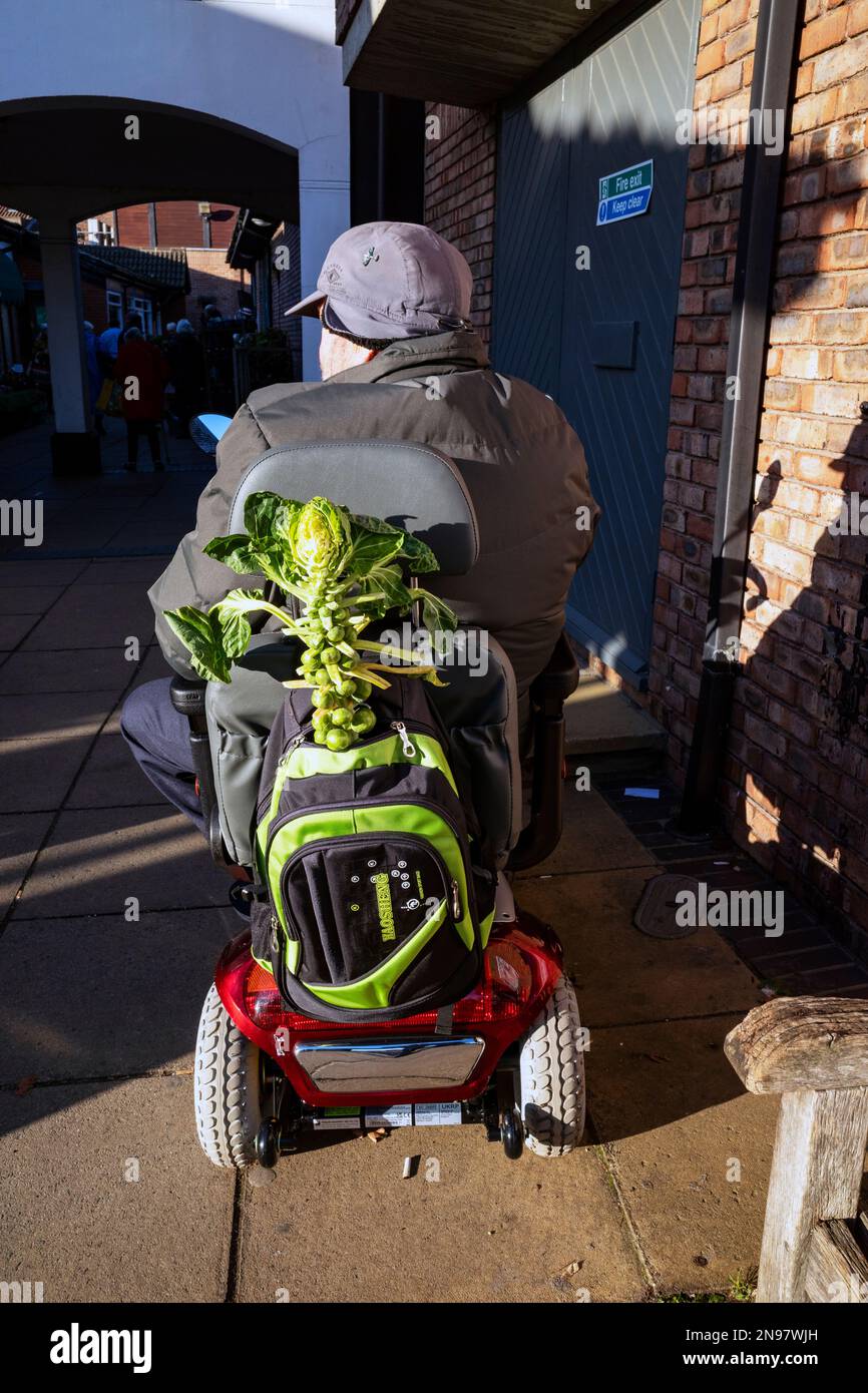 Uomo anziano che usa uno scooter per disabili Foto Stock