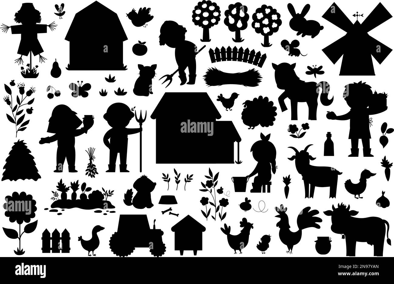 Set di silhouette vettoriali per aziende agricole. Raccolta di icone nere rurali con divertenti contadini capretti, fienile, casa di campagna, animali, uccelli, trattore, mulino a vento, fieno, alveare Illustrazione Vettoriale