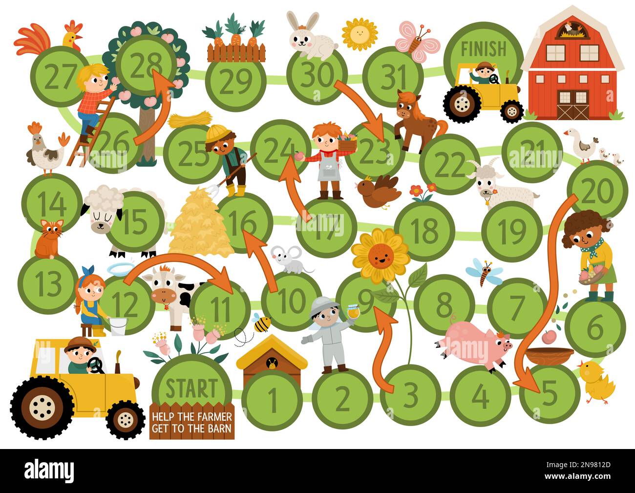 Gioco da tavolo dei dadi da fattoria per bambini con animali carini e bambini agricoltori. Gioco di boardgame in campagna con trattore, animali. Campagna attività stampabile o Illustrazione Vettoriale