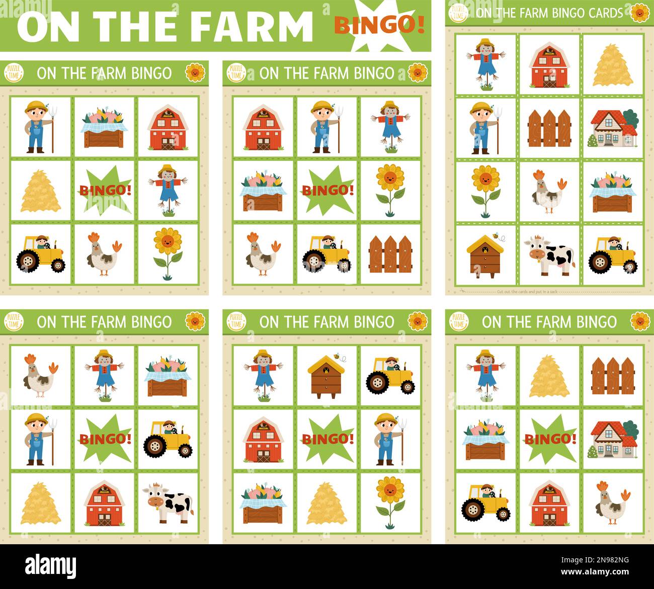 Vettore sul set di carte Bingo fattoria. Divertente gioco da tavolo per famiglie con fienile carino, contadino, mucca, animali per bambini. Campagna lotteria attività. SIM Illustrazione Vettoriale