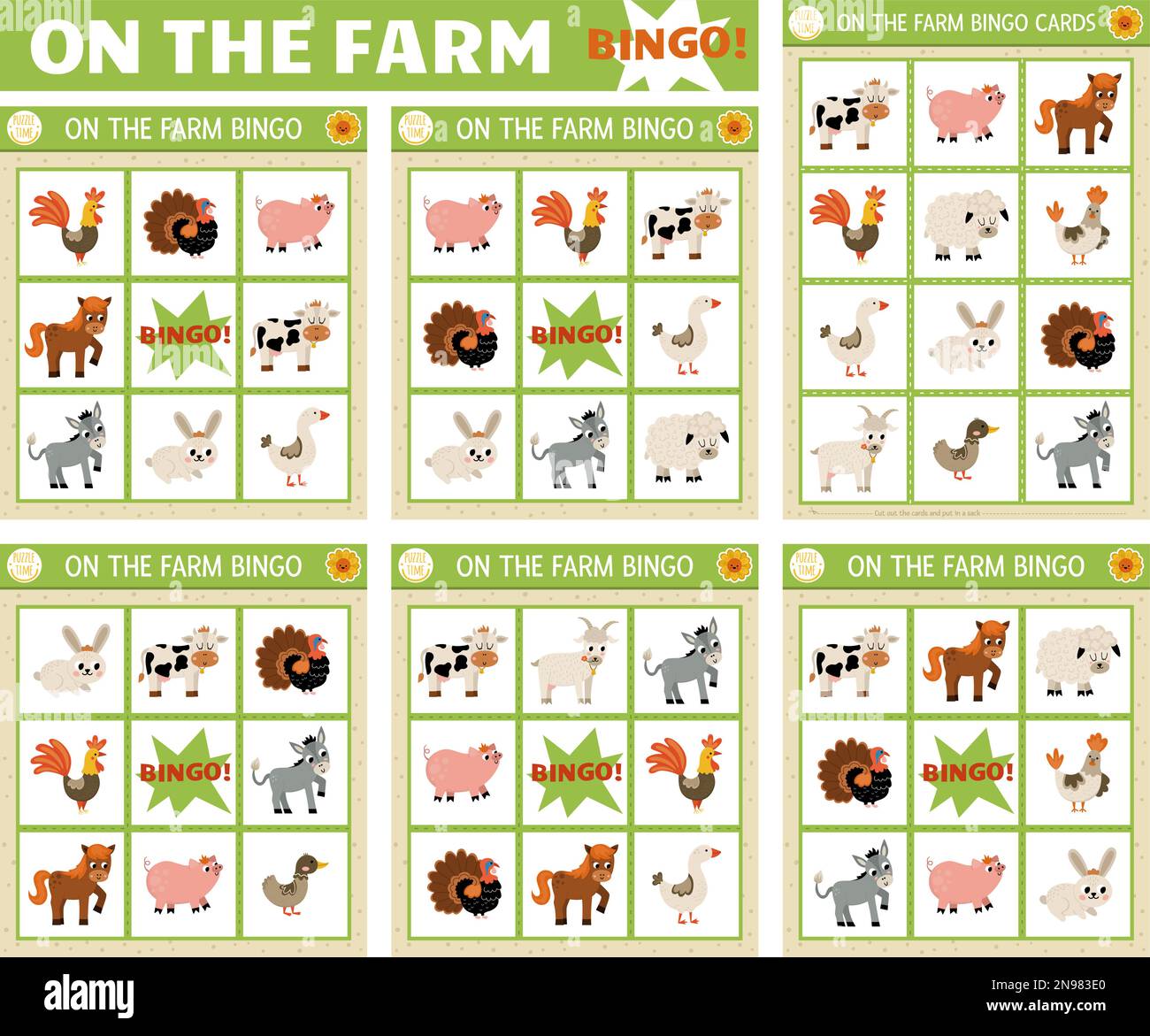 Set di carte di bingo per animali da fattoria vettoriale. Divertente gioco da tavolo per famiglie con carino capra, maiale, cavallo, mucca per i bambini. Campagna lotteria attività. Semplice Illustrazione Vettoriale