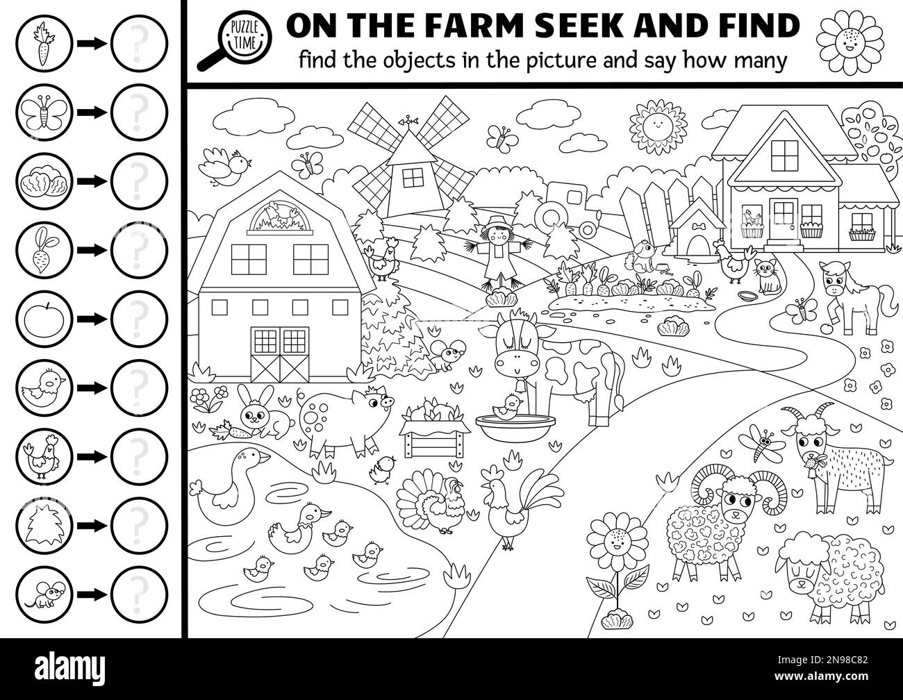 Vettore bianco e nero fattoria ricerca gioco con paesaggio rurale di campagna. Individuare gli oggetti nascosti, dire quanti. Semplice sulla fattoria cercare e trovare e c Illustrazione Vettoriale