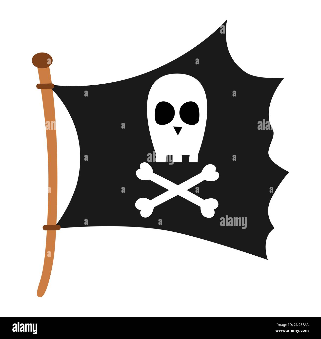 Icona della bandiera dei pirati. Nave Raider pennant con ossa incrociate e cranio illustrazione. Banner nero marino rapinatore. Elemento di caccia al tesoro isolato su bianco Illustrazione Vettoriale