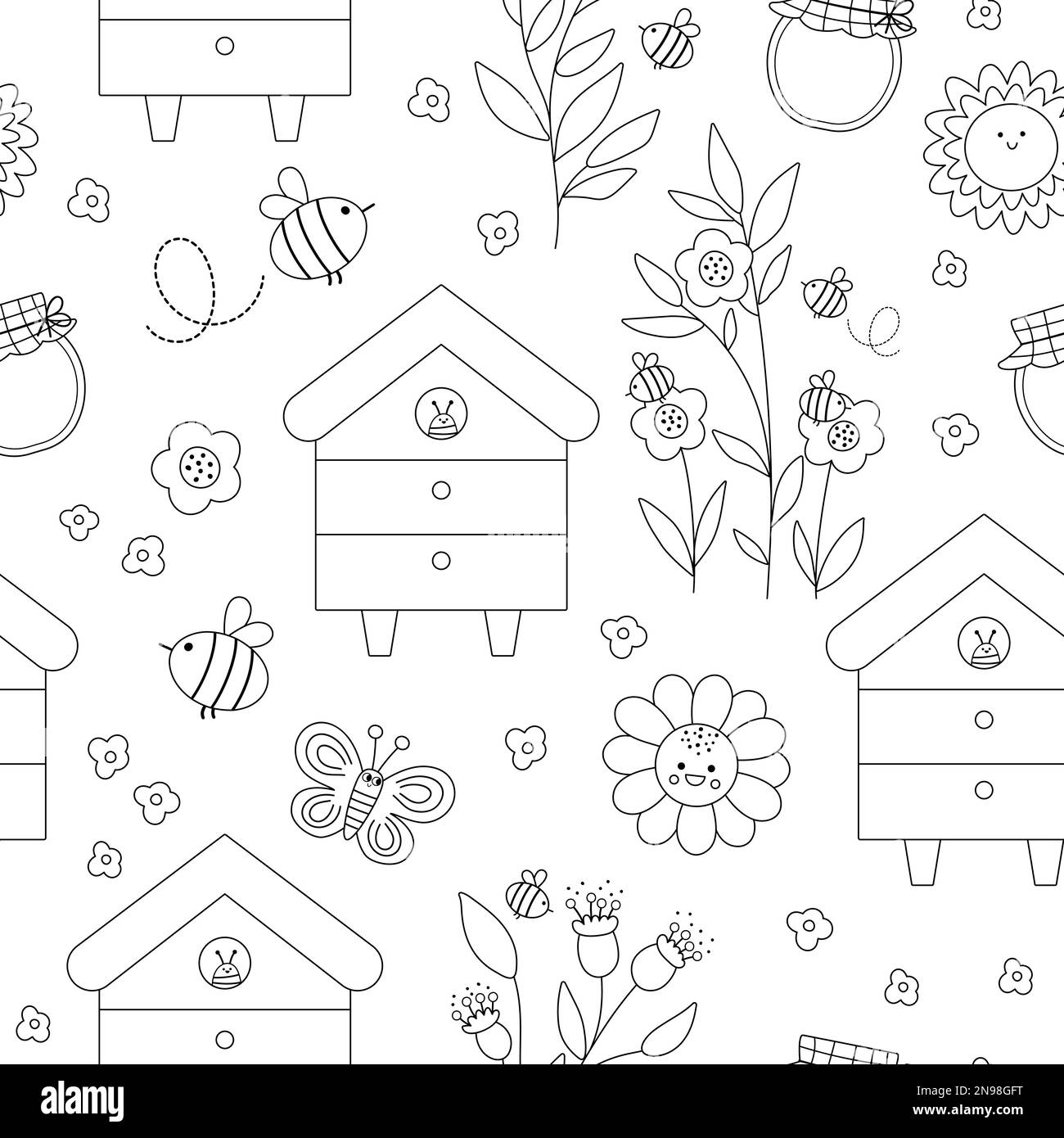 Motivo vettoriale in bianco e nero con cuciture apiarie. Miele di fattoria facendo sfondo di ripetizione. Linea di apicoltura carta digitale con alveare, fiori, girasole. B Illustrazione Vettoriale