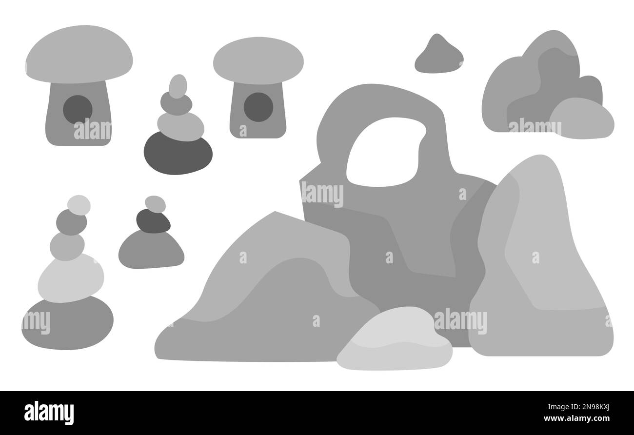 Set rocce vettoriali. Antiche bambole archeologiche, piramidi, giardino di pietre. Elementi e strutture antiche naturali Illustrazione Vettoriale