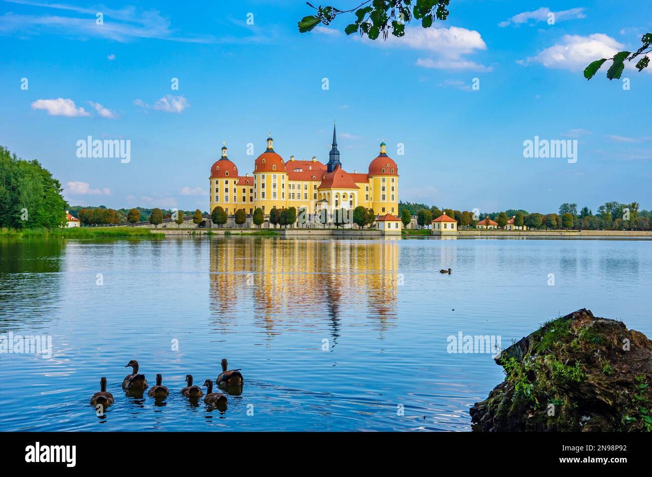 Il famosissimo Castello di Moritzburg vicino a Dresda, location del film classico "tre nocciole per Cenerentola", Moritzburg, Sassonia, Germania. Foto Stock