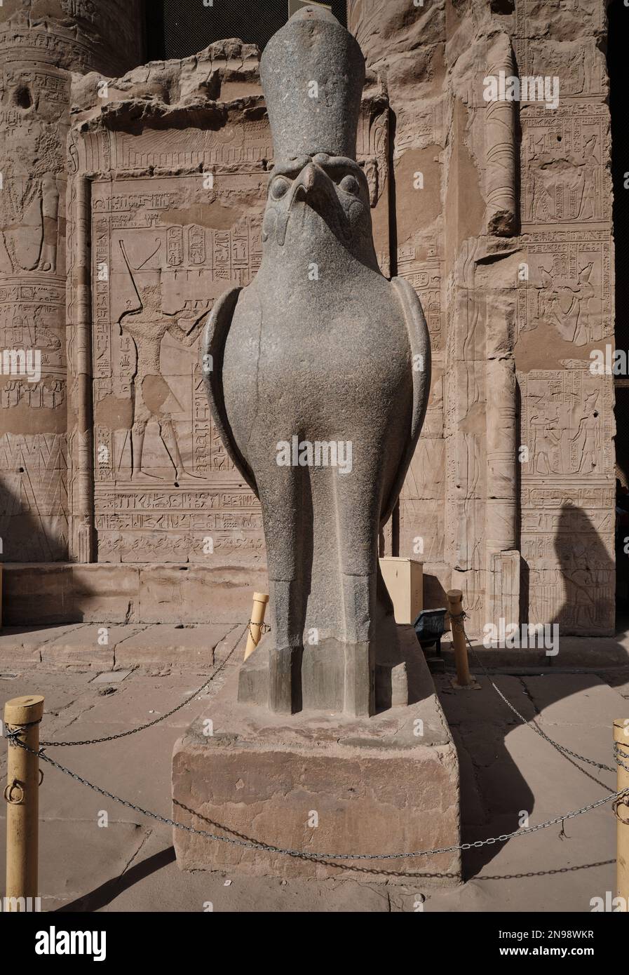 Statua del dio egiziano Horus, trovato nel tempio di Edfu, Edfu, Egitto Foto Stock
