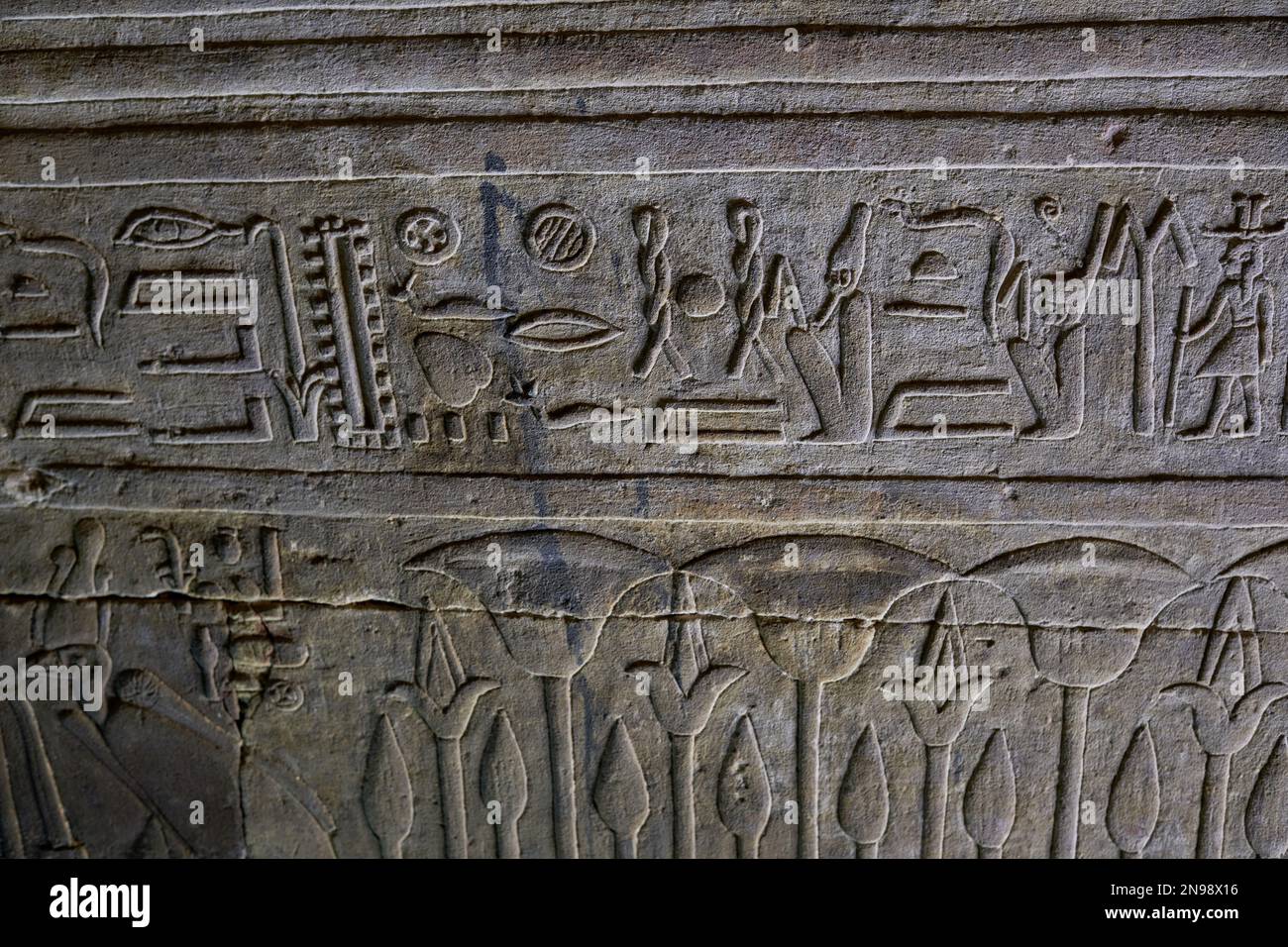 Il Tempio di Edfu in Edfu, Egitto , i dettagli delle iscrizioni sulle sue pareti forniscono informazioni importanti sulla lingua, il mito e la religione . Foto Stock