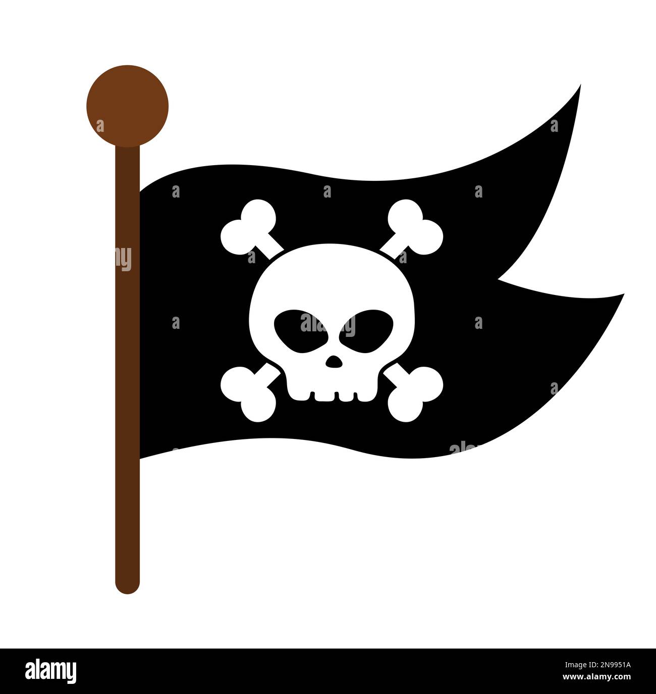 Icona della bandiera dei pirati. Nave Raider pennant con ossa incrociate e cranio illustrazione. Banner nero marino rapinatore. Elemento di caccia al tesoro isolato su bianco Illustrazione Vettoriale