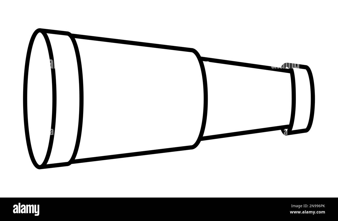 Icona a forma di lente di ingrandimento bianca e nera. Immagine telescopica a linee o pagina da colorare. Delineare la vecchia immagine in vetro. Elemento di caccia al tesoro marino isolato Illustrazione Vettoriale