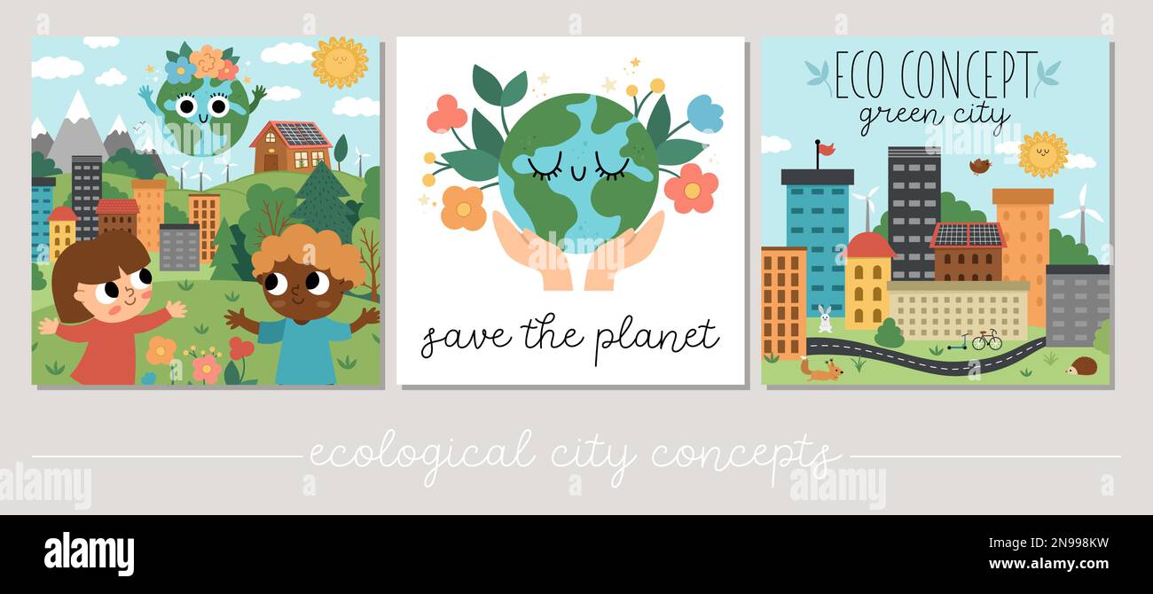 Set ambientazioni ecologiche vettoriali. Piazza paesaggi ecologici della città con trasporto alternativo, concetto di energia. Illustrazioni verdi della città. Giornata della terra o Europa Illustrazione Vettoriale