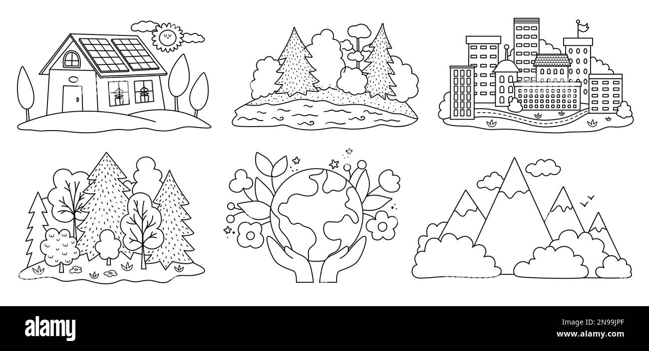 Set ecologico vettoriale bianco e nero. Concetto di linea rispettoso dell'ambiente con paesaggio forestale, montano e fluviale. Eco città e casa illustratio Illustrazione Vettoriale