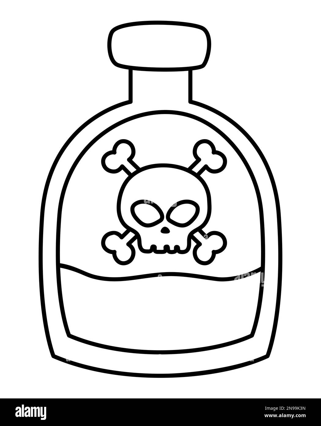 Icona Vector bottiglia pirata in bianco e nero. Illustrazione del contenitore in vetro lineare. Delineare il veleno con il cranio e le ossa. Fotografia di caccia al tesoro marino Illustrazione Vettoriale