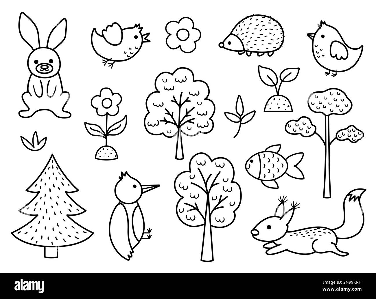 Foresta vettoriale bianca e nera con piante, alberi, animali, uccelli. Woodland colorazione pagina per bambini. Cute natura contorno collezione. Icone giardino pa Illustrazione Vettoriale