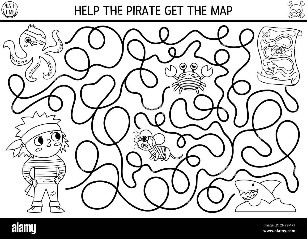 Labirinto nero e bianco pirata per bambini. Caccia al tesoro attività stampabile prescolare con carino raider capitano, polpo, ratto, squalo, granchio. Avventure in mare c Illustrazione Vettoriale