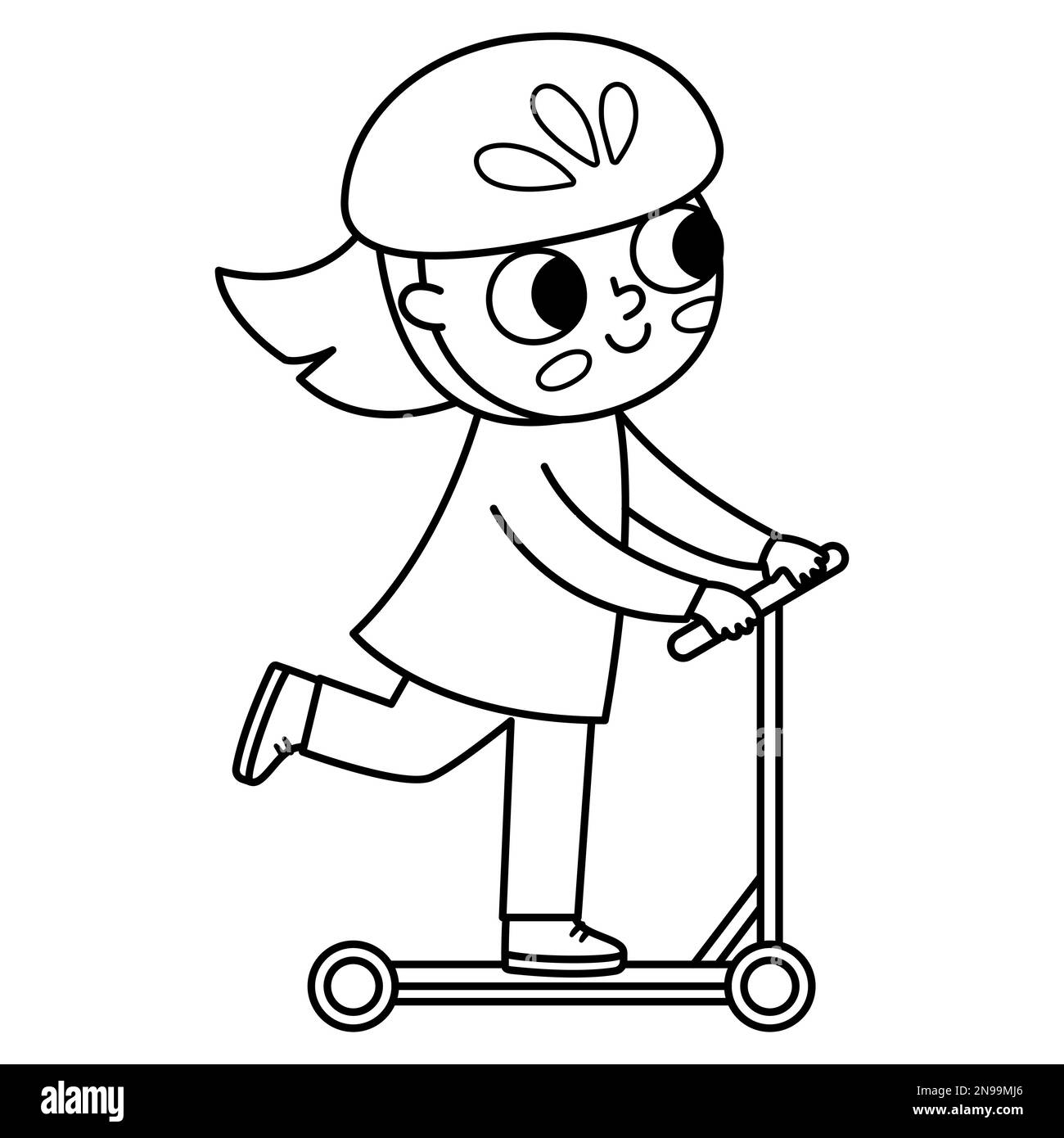 Ragazza bianca e nera in sella a uno scooter in casco icona. Linea carino ecologico bambino. Bambini che utilizzano un trasporto alternativo. Giorno della terra o stile di vita sano co Illustrazione Vettoriale